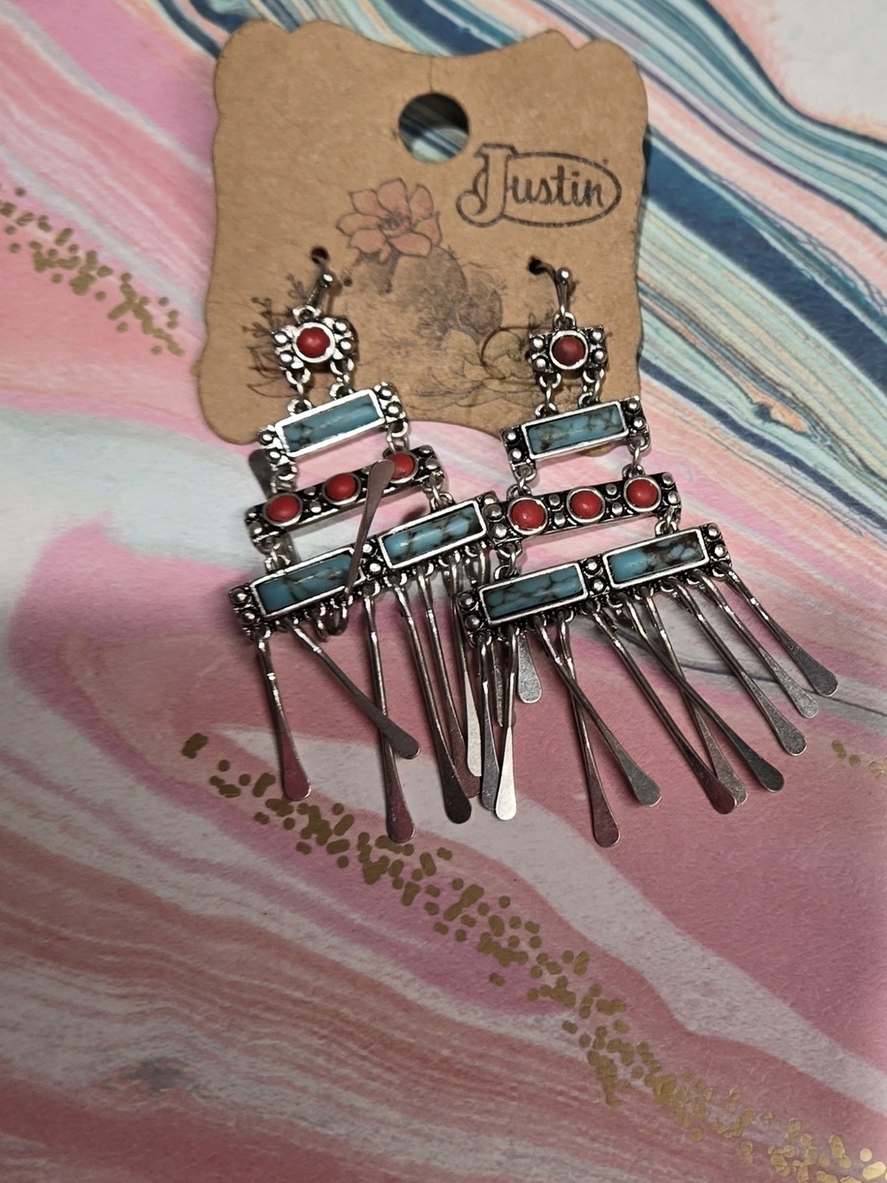Justin Boots Silver-Tone Turquoise Blue & Coral Red Chandelier Earrings